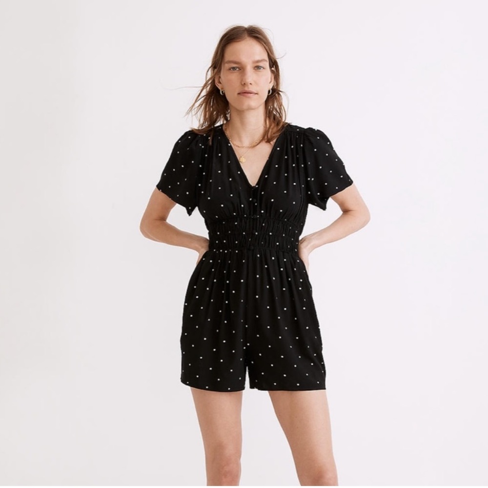 Madewell Sophia Square Spots Black & White Smocked Waist Romper Size 4